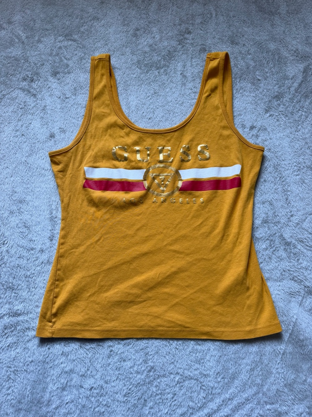 GUESS Women's Mustard Logo Tank with Red & White Stripes
